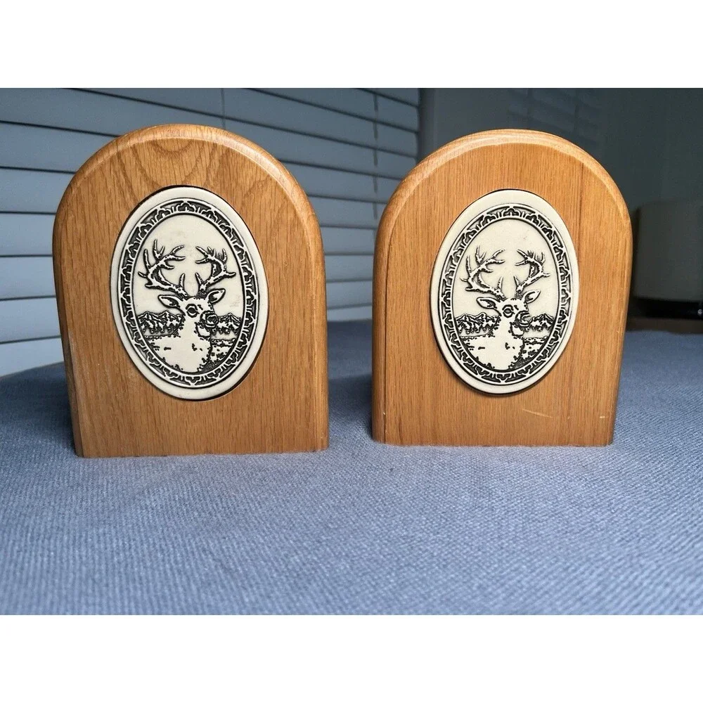 Rare Vintage 1986 Trinity Pottery Bookends, Deer, Wood & Ceramic, EUC